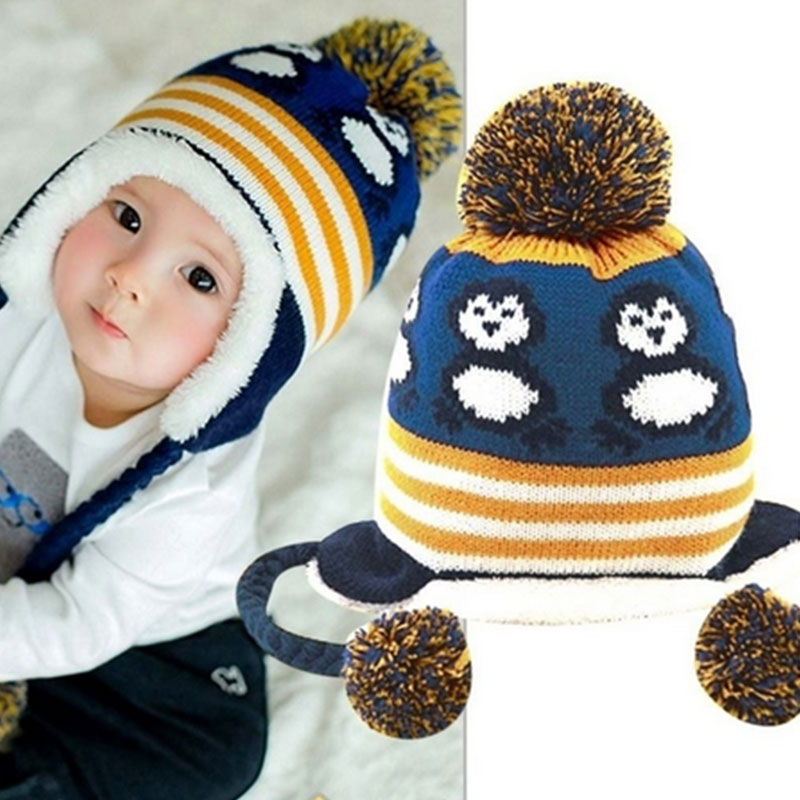 Babies Knit Penguin Pattern Striped Ears Protected Bobble Winter Headwear Hat...